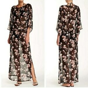 Tory Burch Solaro Long Silk Floral Caftan Maxi Dress Cover Up Black Pink